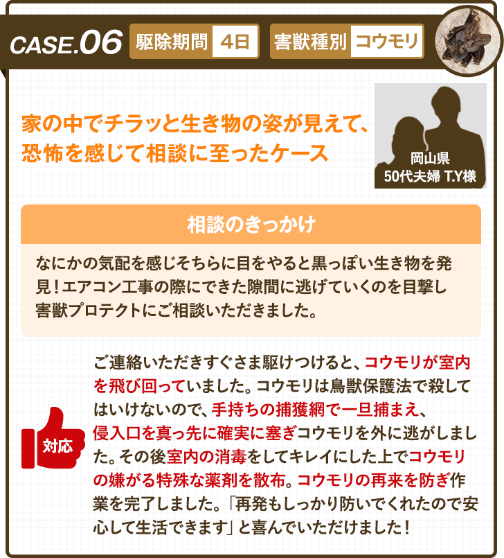 ケース6：家の中でチラッと生き物の姿が見えて、恐怖を感じて相談に至ったケース
				地域：岡山県
				年代：50代 夫婦
				イニシャル：T.Y

				・駆除期間 4日
				・害獣種別 コウモリ

				＜概要＞
				なにかの気配を感じそちらに目をやると黒っぽい生き物を発見！エアコン工事の際にできた隙間に逃げていくのを目撃し害獣プロテクトにご相談いただきました。

				＜害獣プロテクトの対応＞
				ご連絡いただきすぐさま駆けつけると、コウモリが室内を飛び回っていました。コウモリは鳥獣保護法で殺してはいけないので、手持ちの捕獲網で一旦捕まえ、侵入口を真っ先に確実に塞ぎコウモリを外に逃がしました。その後室内の消毒をしてキレイにした上でコウモリの嫌がる特殊な薬剤を散布。コウモリの再来を防ぎ作業を完了しました。「再発もしっかり防いでくれたので安心して生活できます」と喜んでいただけました！