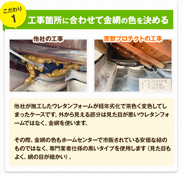 工事箇所に合わせて金網の色を決める:他社が施工したウレタンフォームが経年劣化で茶色く変色してしまったケースです。外から見える部分は見た目が悪いウレタンフォームではなく、金網を使います。その際、金網の色もホームセンターで市販されている安価な緑のものではなく、専門業者仕様の黒いタイプを使用します(見た目もよく、網の目が細かい)。